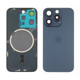 Заднее стекло корпуса для Apple iPhone 15 Pro Blue Titanium (синее) с рамкой и стеклом камеры. Complektuha