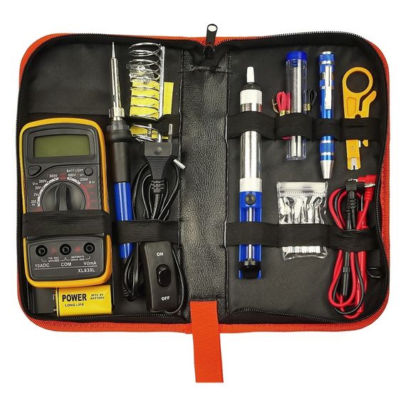 Паяльный набор в пенале Aida A-806+ (паяльник 60W, рег. t 200-450 гр C, жала 900M 6шт, мультиметр, инструменты и расходники) фото 1. Complektuha