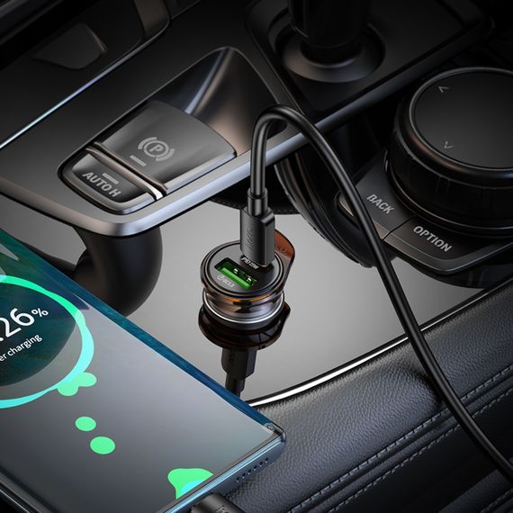 Авто Адаптер Hoco NZ16A USB/ Type-C 43W PD QC 25W metal grey + кабель Type-C to Type-C фото 1. Complektuha