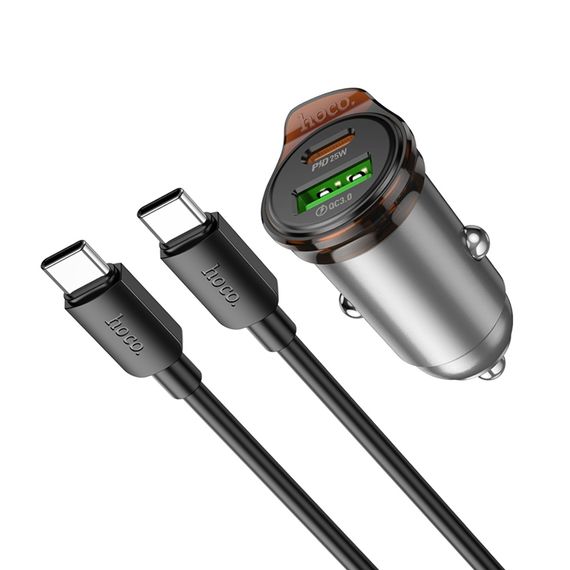 Авто Адаптер Hoco NZ16A USB/ Type-C 43W PD QC 25W metal grey + кабель Type-C to Type-C фото 2. Complektuha