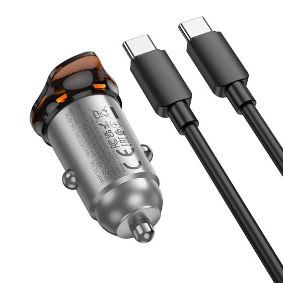 Авто Адаптер Hoco NZ16A USB/ Type-C 43W PD QC 25W metal grey + кабель Type-C to Type-C фото 4. Complektuha