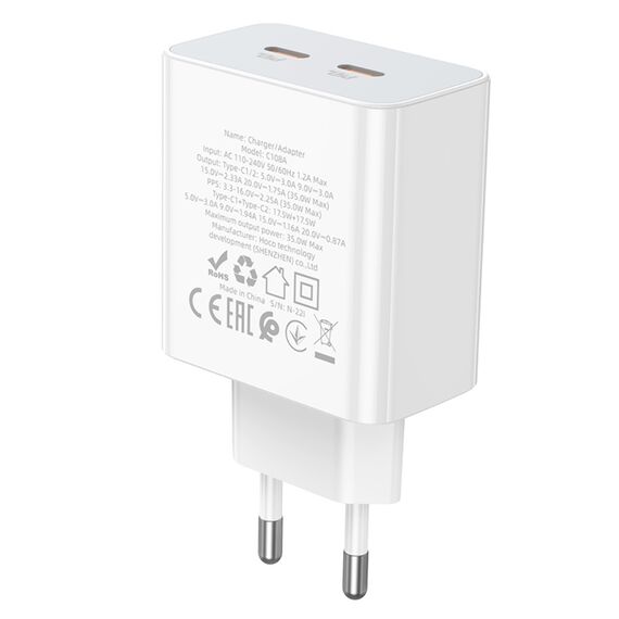 Сетевое зарядное устройство Hoco C108A 2 Type-C PD 35W белое фото 4. Complektuha