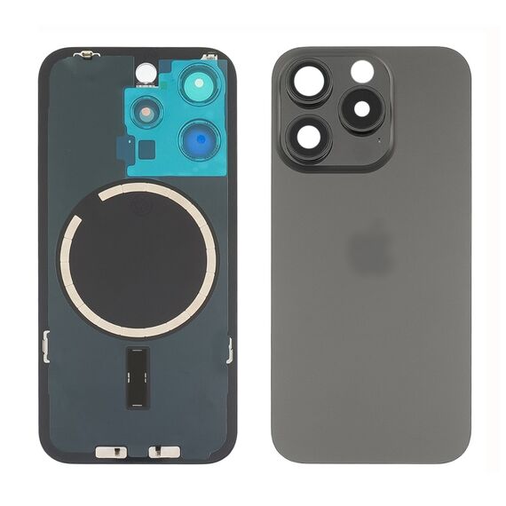 Заднее стекло корпуса для Apple iPhone 15 Pro Black Titanium (чёрное) с рамкой и стеклом камеры. Complektuha