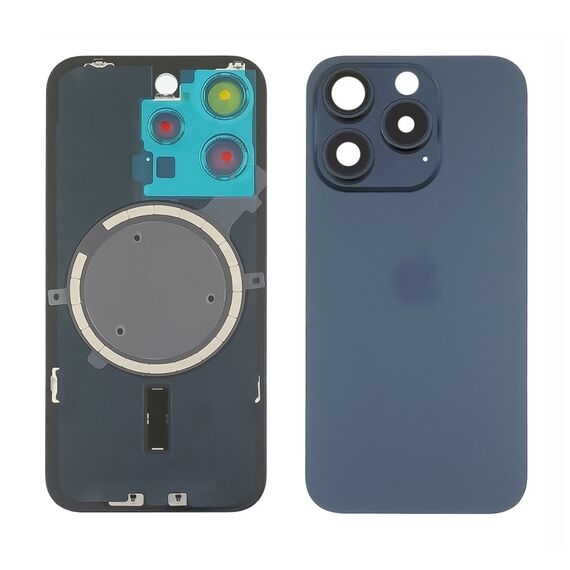 Заднее стекло корпуса для Apple iPhone 15 Pro Blue Titanium (синее) с рамкой и стеклом камеры. Complektuha